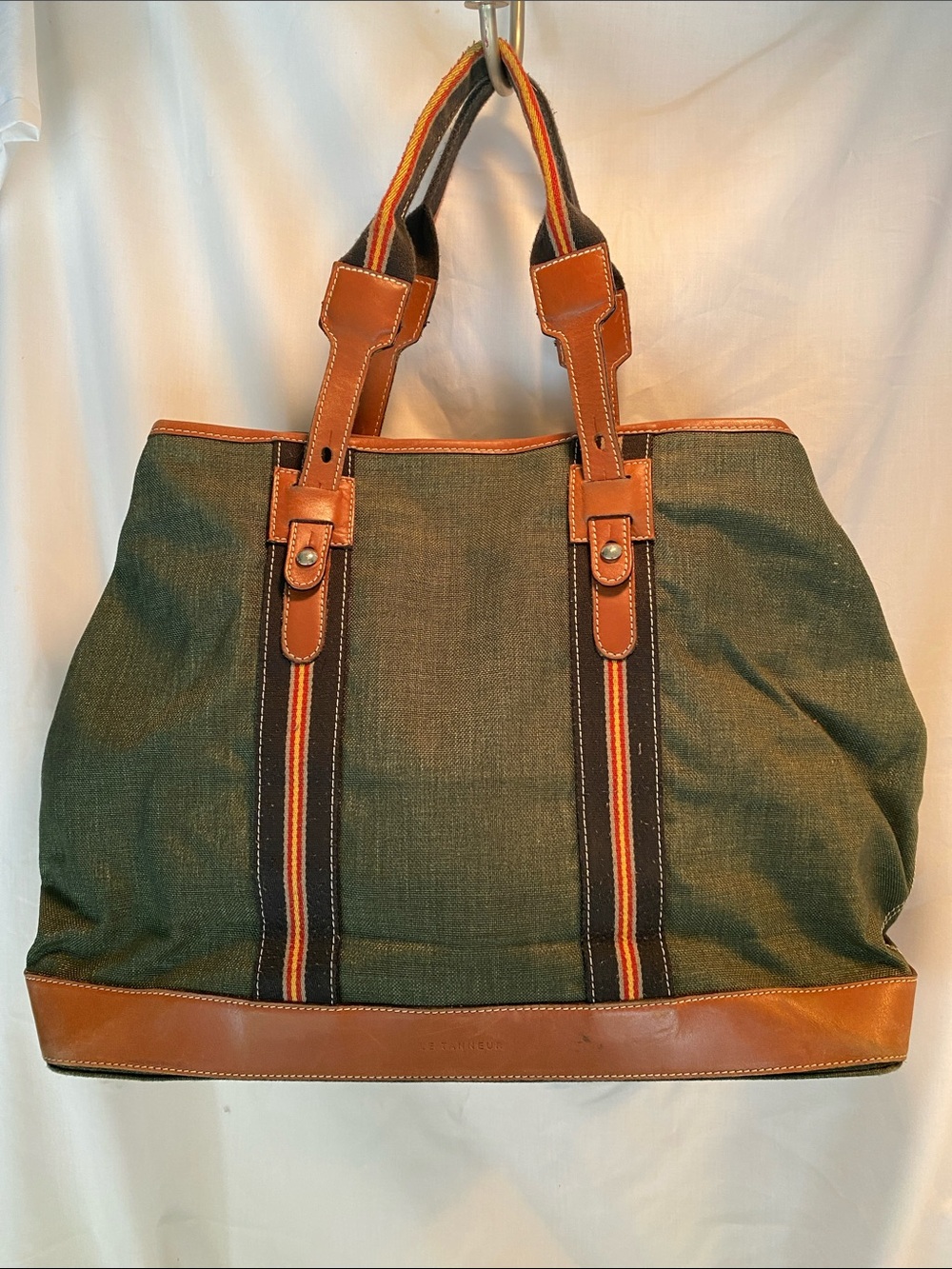 Le Tanneur Green Canvas Tote with Tan Leather Trim and Striped Detail